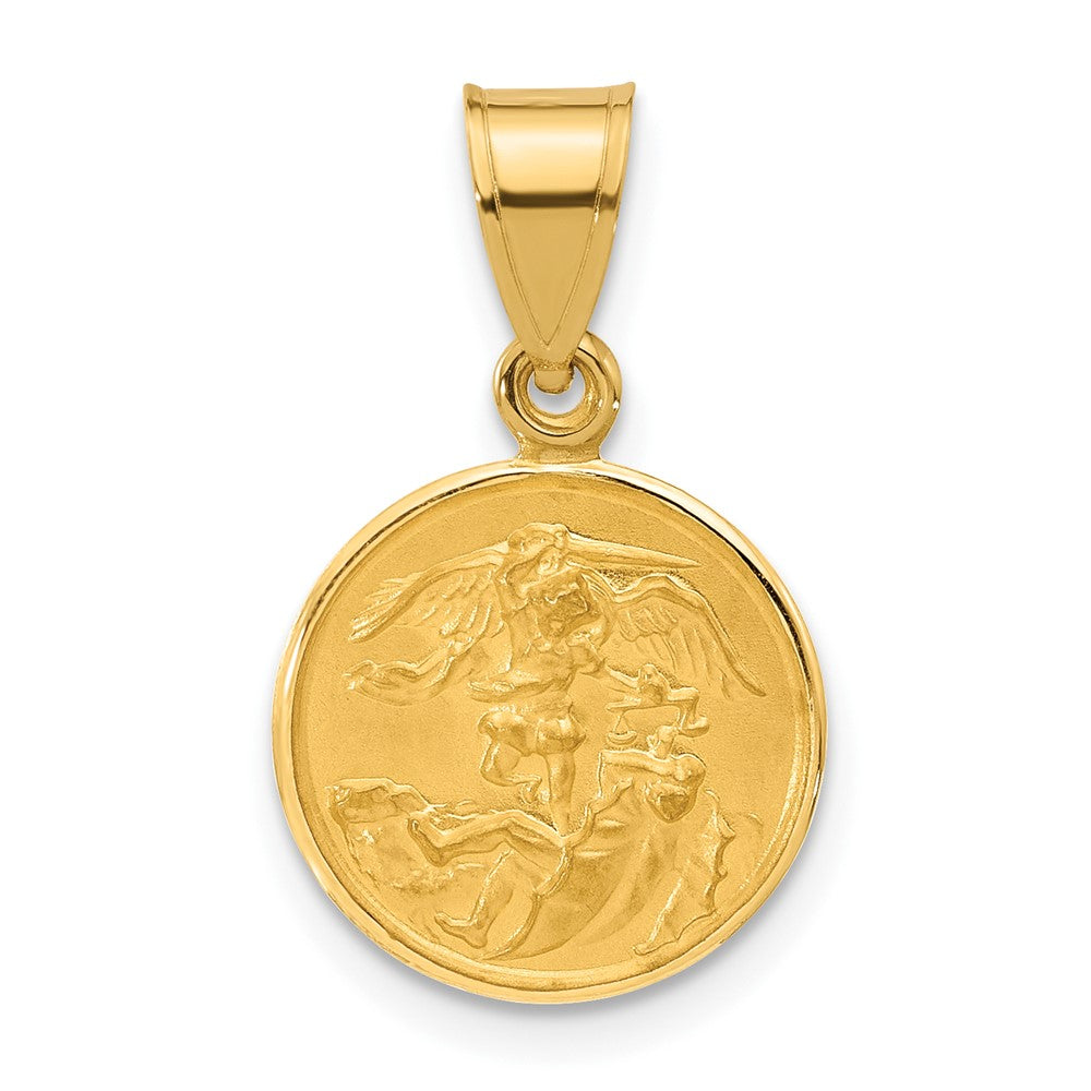 14k Polished and Satin Solid St. Michael Medal Round Pendant