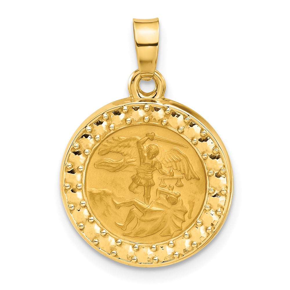 14K Polished and Satin Hollow St. Michael Medal Round Pendant