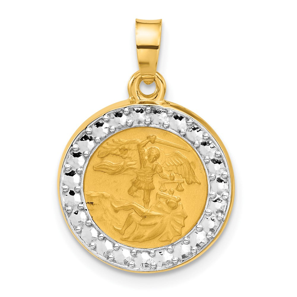 14K with White Rhodium Polished and Satin Hollow St. Michael Medal Round Pendant