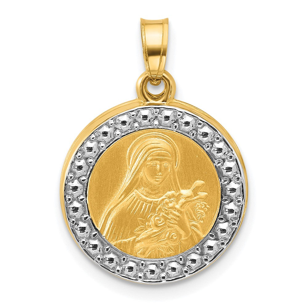 14k with White Rhodium Polished and Satin Hollow St. Theresa Medal Round Pendant