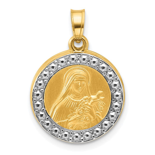 14k with White Rhodium Polished and Satin Hollow St. Theresa Medal Round Pendant