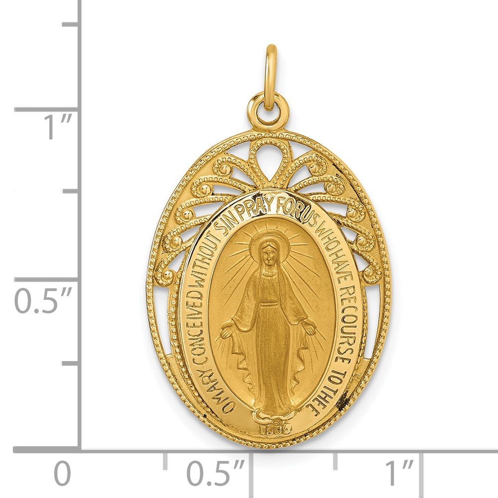14k Polished and Satin Semi-solid Miraculous Medal in Frame Oval Pendant