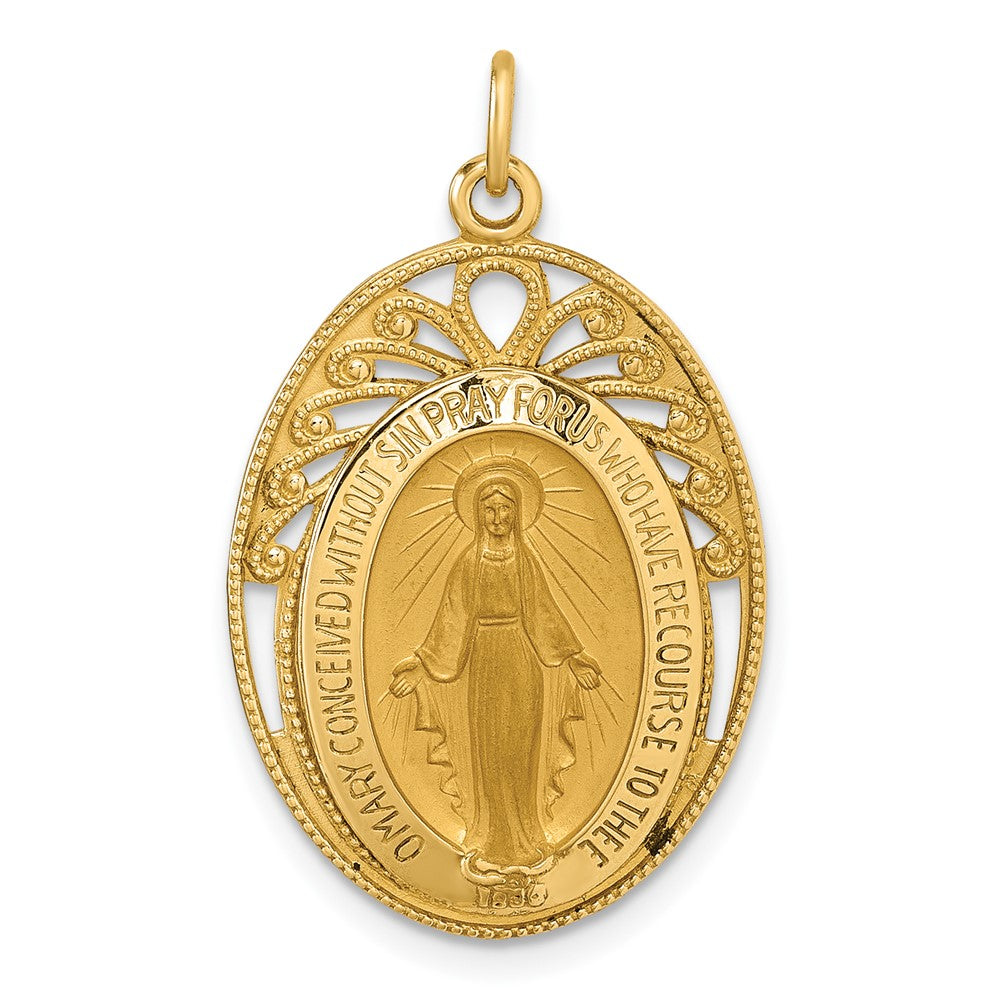 14k Polished and Satin Semi-solid Miraculous Medal in Frame Oval Pendant