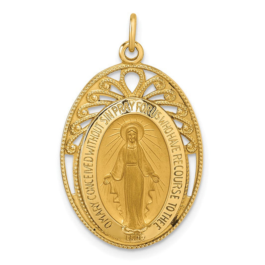 14k Polished and Satin Semi-solid Miraculous Medal in Frame Oval Pendant