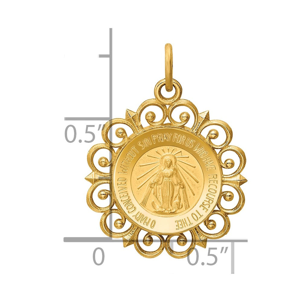 14k Polished and Satin Solid Miraculous Medal with Scallop Frame Round Charm