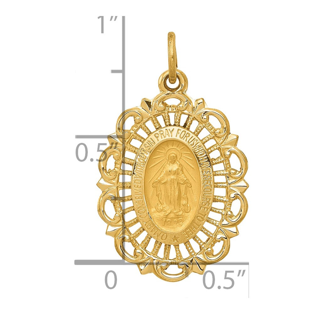 14k Polished and Satin Solid Miraculous Medal Scalloped Edge Oval Pendant
