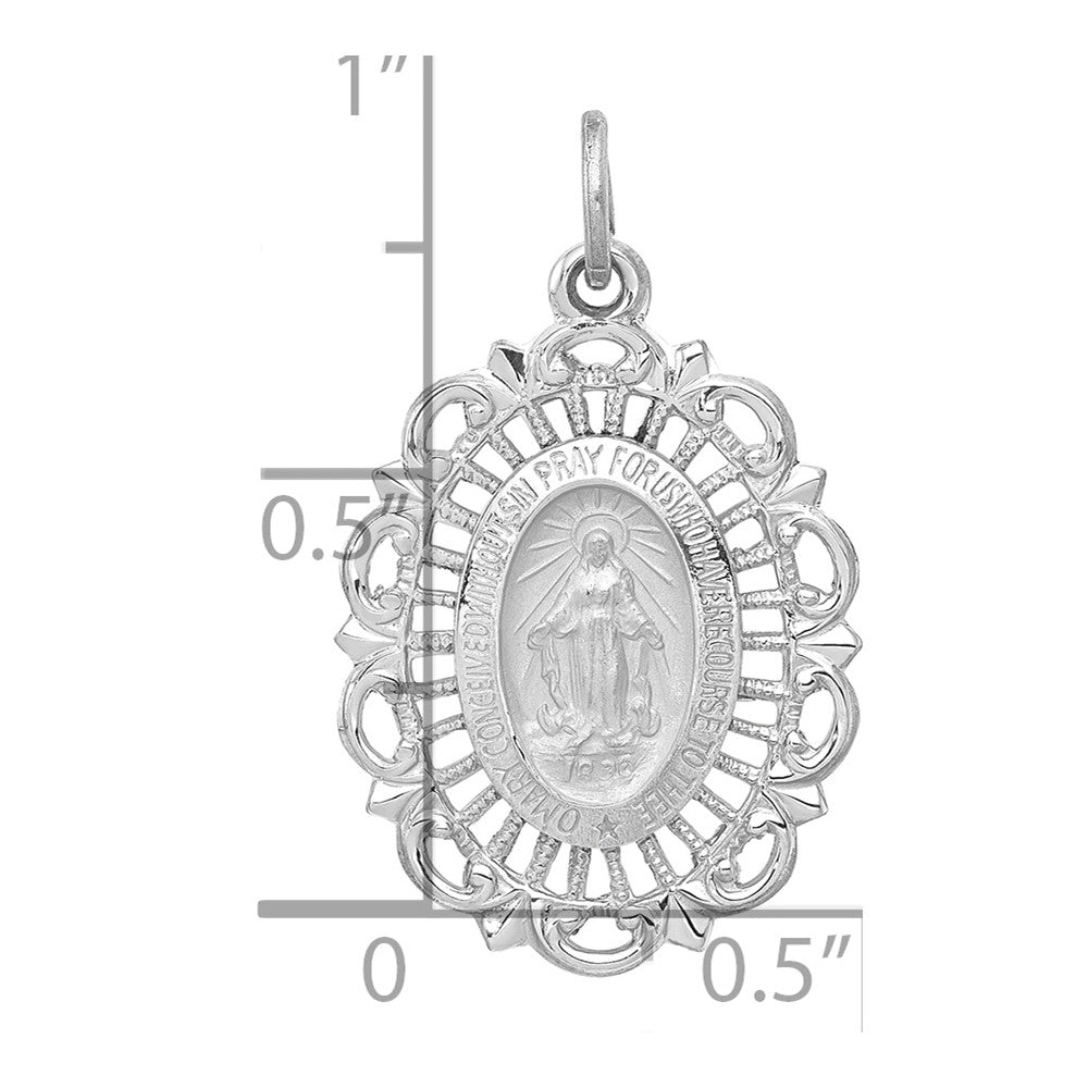 14k White Gold Polished and Satin Solid Miraculous Medal Scalloped Edge Oval Pendant