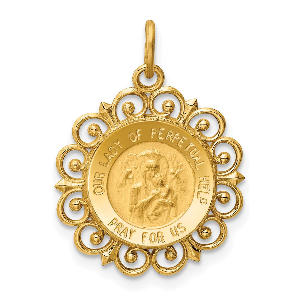 14k Polished and Satin Solid Our Lady of Perpetual Help Medal Scalloped Edge Round Pendant