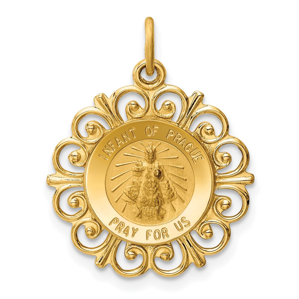 14k Polished and Satin Solid Infant of Prague Medal Scalloped Edge Round Charm