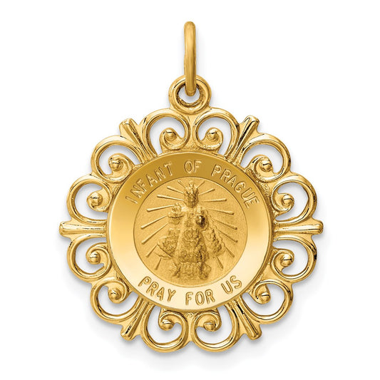 14k Polished and Satin Solid Infant of Prague Medal Scalloped Edge Round Charm