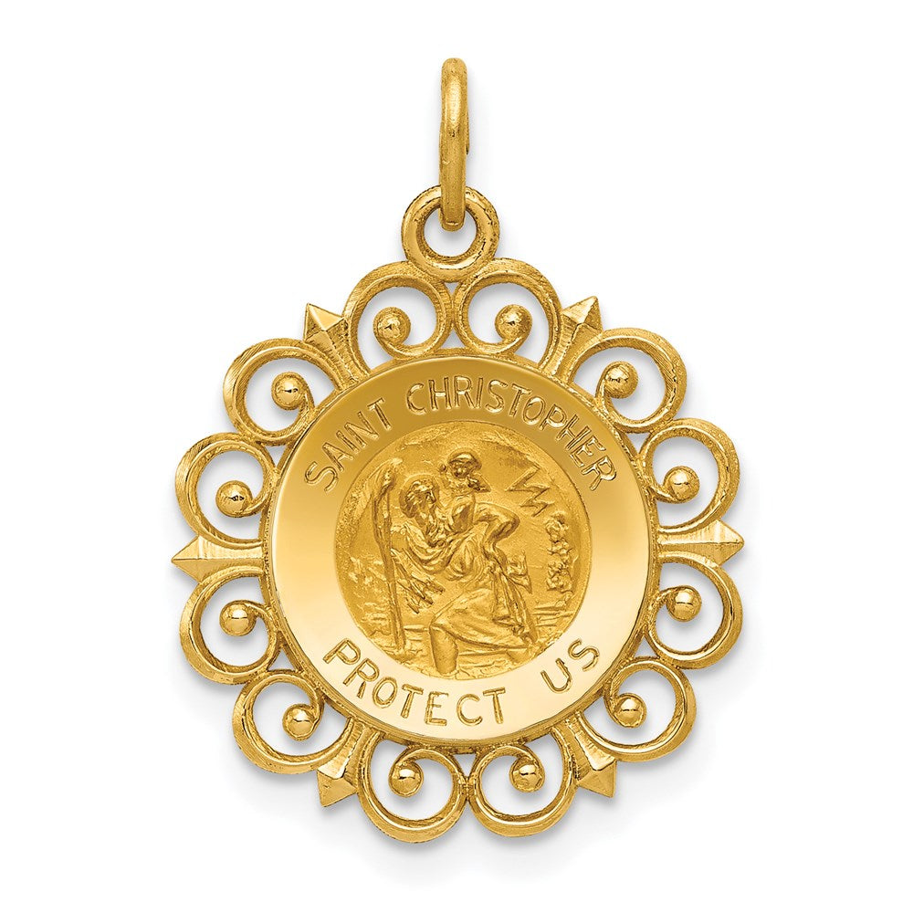 14k Polished and Satin Solid Saint Christopher Medal Scalloped Edge Round Charm