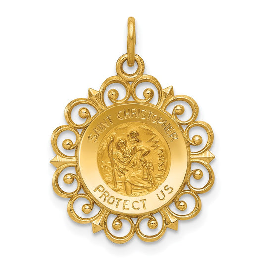 14k Polished and Satin Solid Saint Christopher Medal Scalloped Edge Round Charm