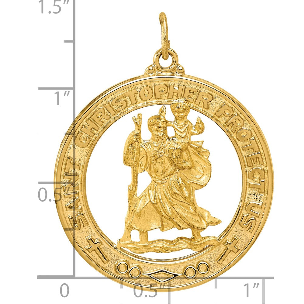 14k Polished and Satin Solid Large Cut-out St. Christopher Medal Round Pendant