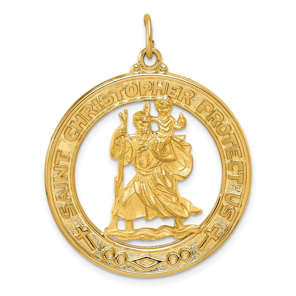 14k Polished and Satin Solid Large Cut-out St. Christopher Medal Round Pendant