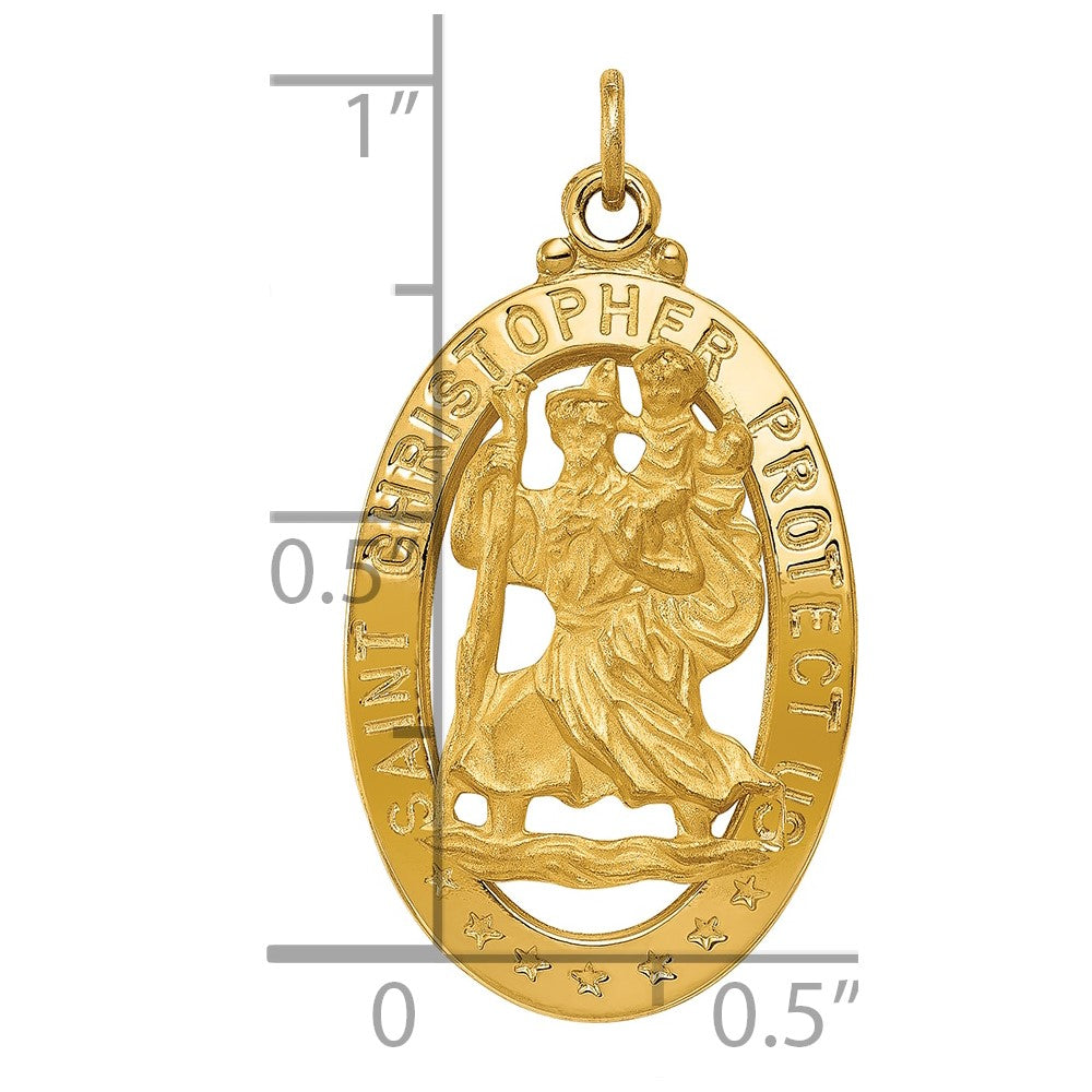 14k Polished and Satin Solid Cut-out Saint Christopher Medal Oval Pendant