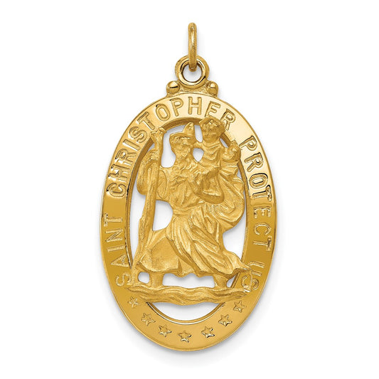 14k Polished and Satin Solid Cut-out Saint Christopher Medal Oval Pendant