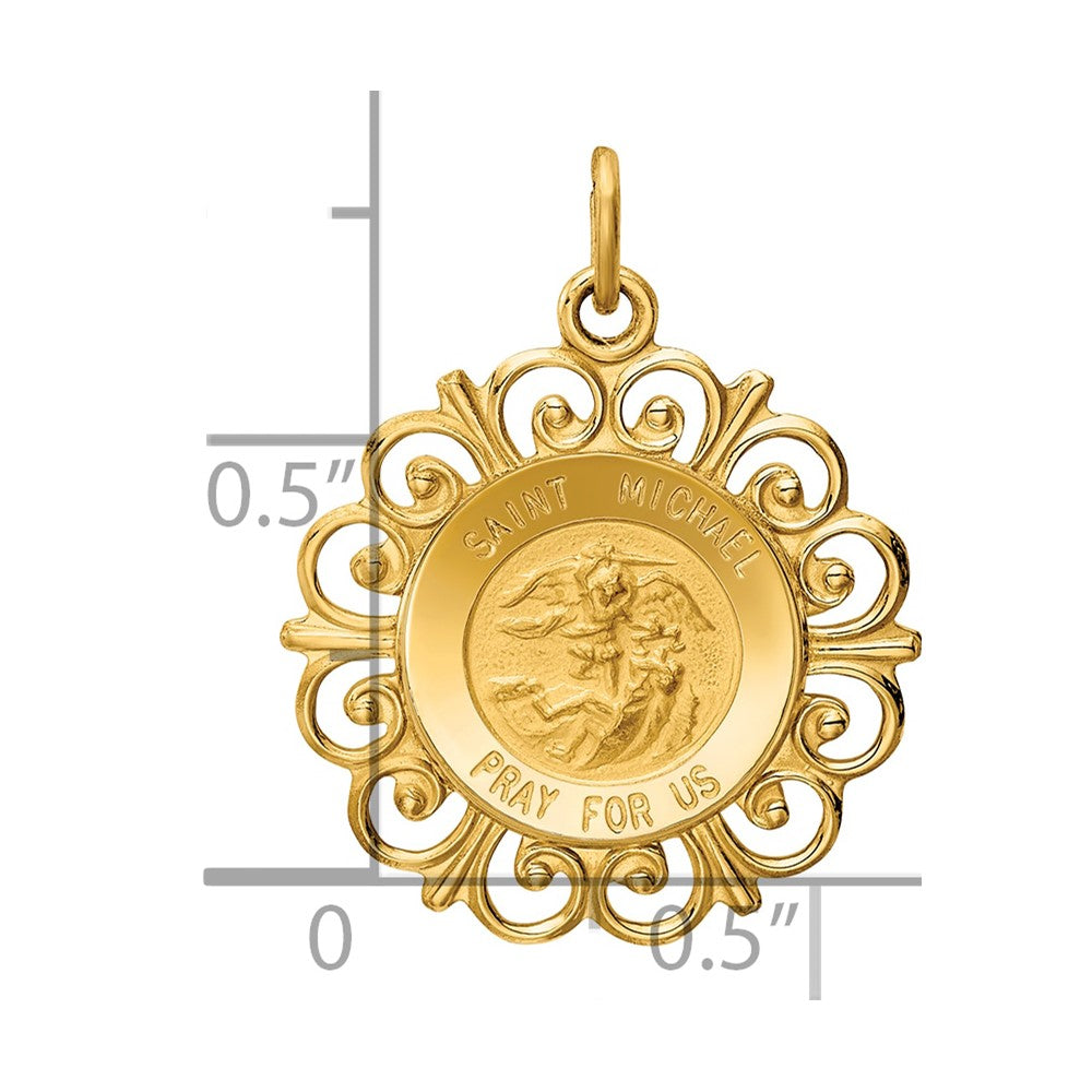 14k Polished and Satin Solid St. Michael Medal Scalloped Edge Round Pendant
