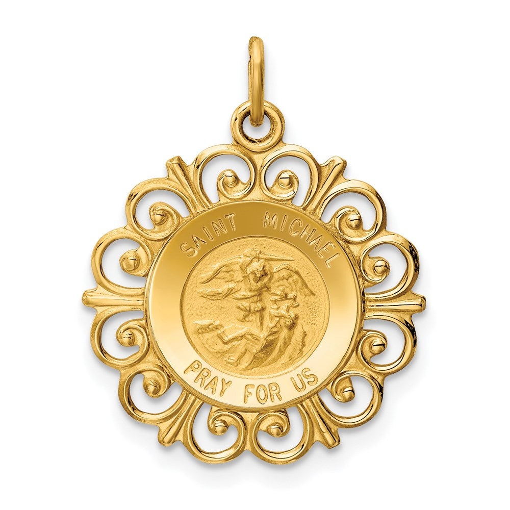 14k Polished and Satin Solid St. Michael Medal Scalloped Edge Round Pendant