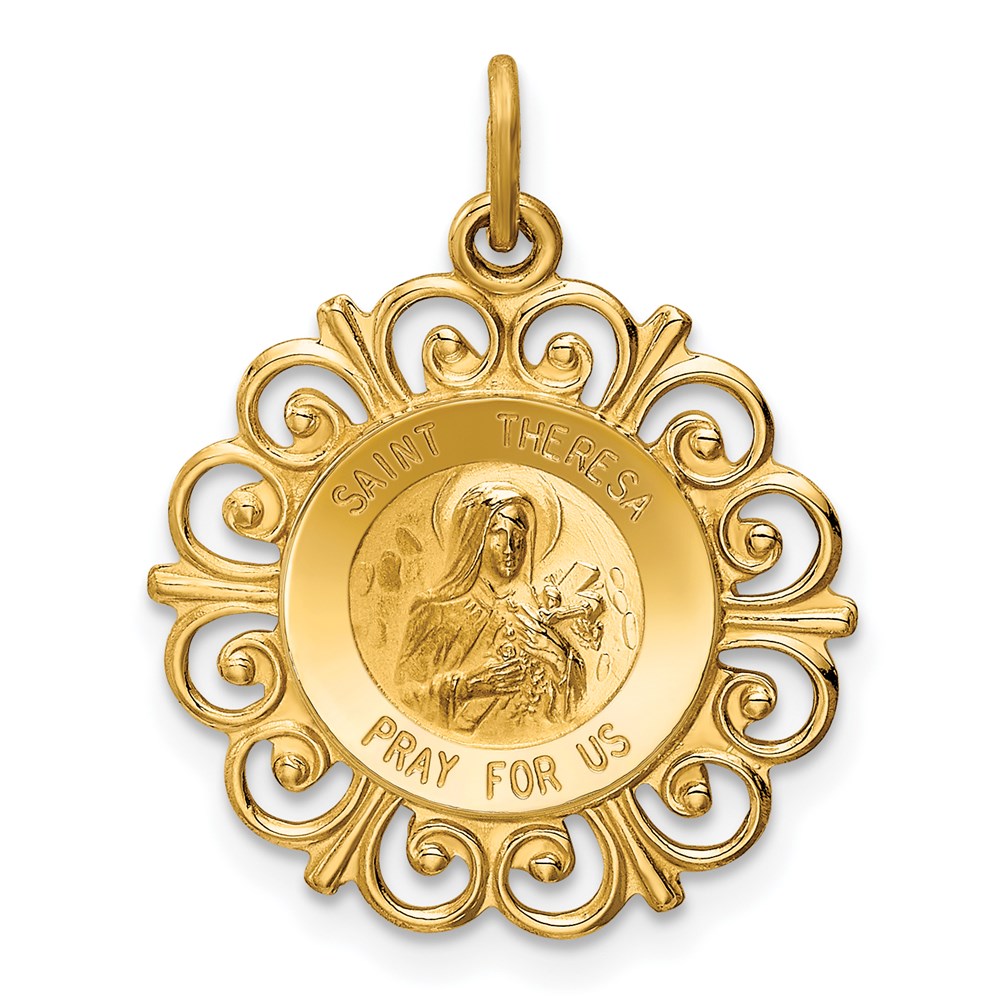 14k Polished and Satin Solid Saint Theresa Medal Scalloped Edge Round Charm