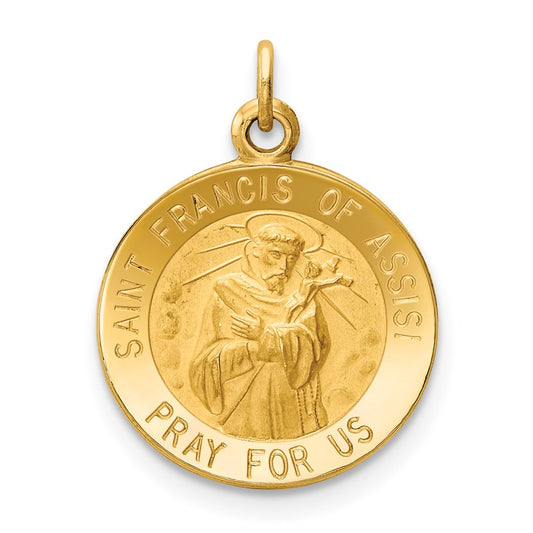 14k Polished and Satin Solid Saint Francis of Assisi Medal Round Charm