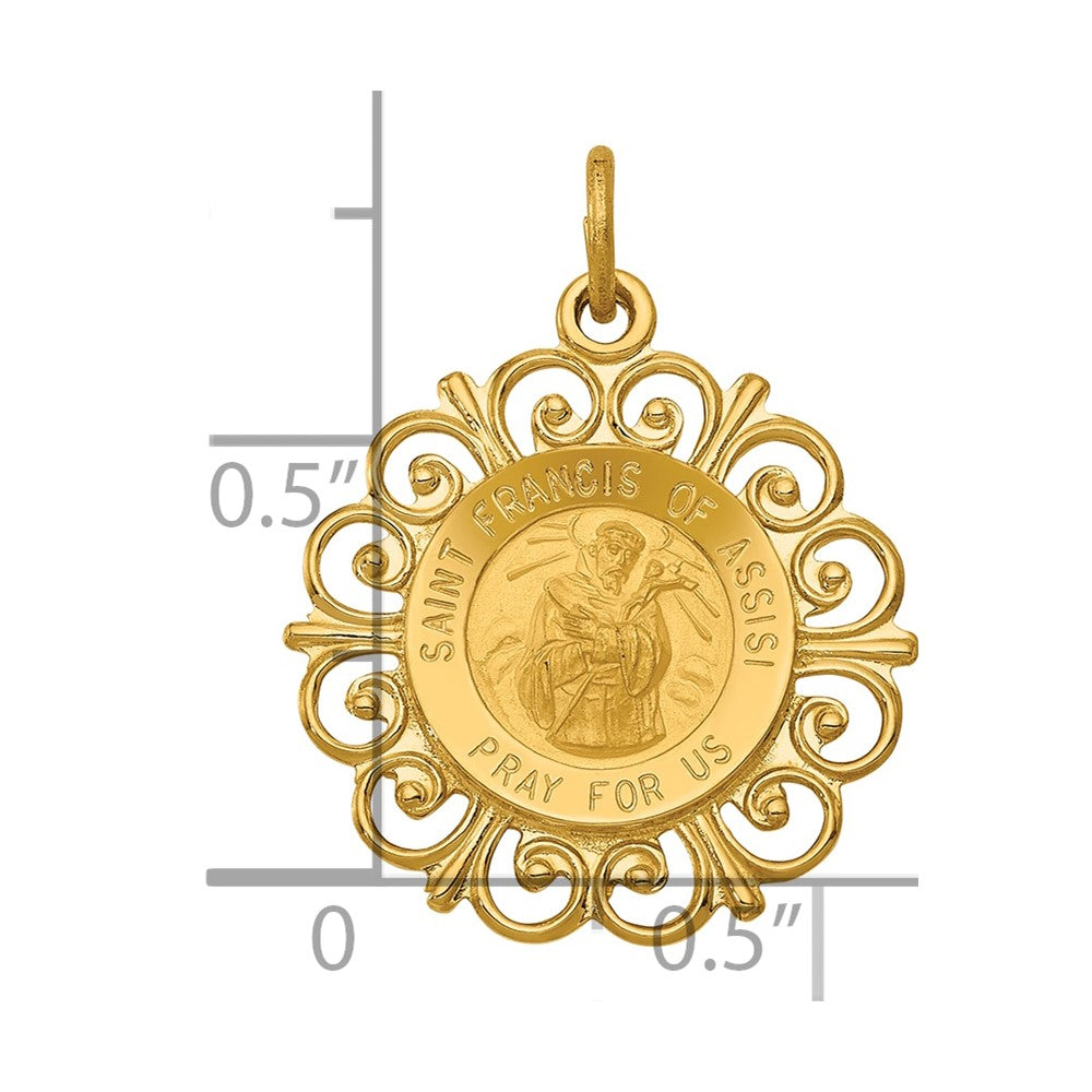 14k Polished and Satin Solid Saint Francis of Assisi Medal Scalloped Edge Round Pendant