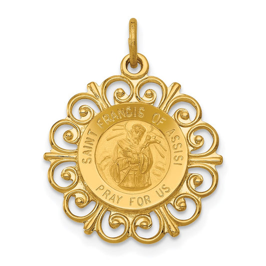 14k Polished and Satin Solid Saint Francis of Assisi Medal Scalloped Edge Round Pendant