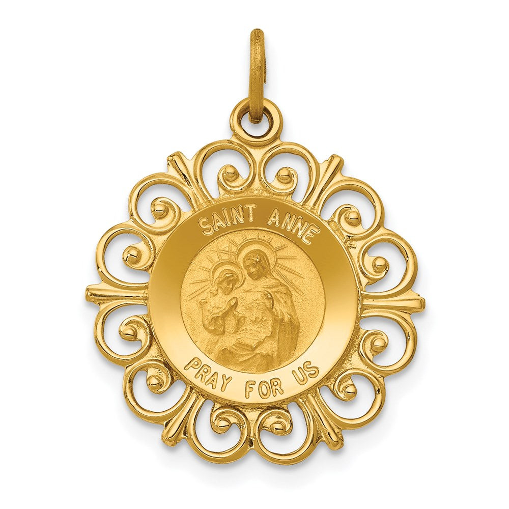 14k Polished and Satin Solid Saint Anne Medal Scalloped Edge Charm