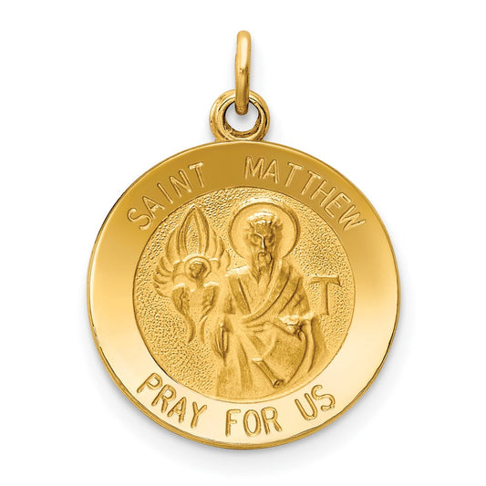 14k Polished and Satin Solid Saint Matthew Medal Round Charm