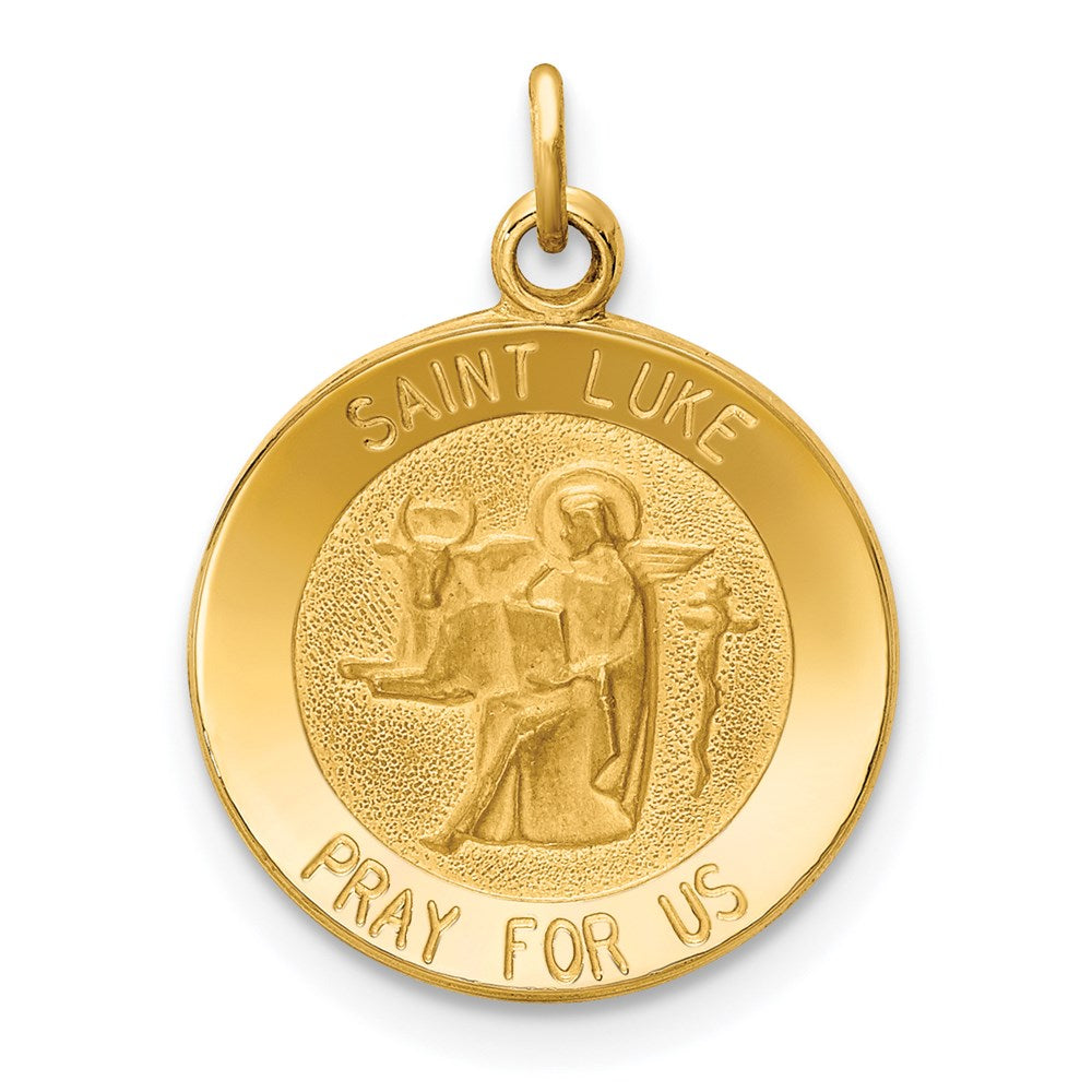 14k Polished and Satin Solid St Luke Medal Round Charm