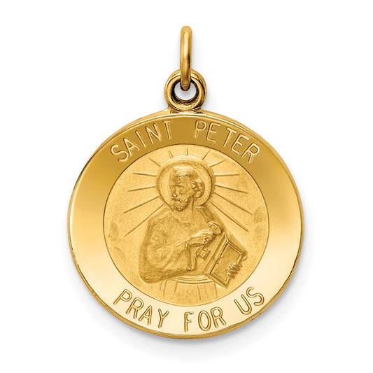14k Polished and Satin Solid Saint Peter Medal Round Charm