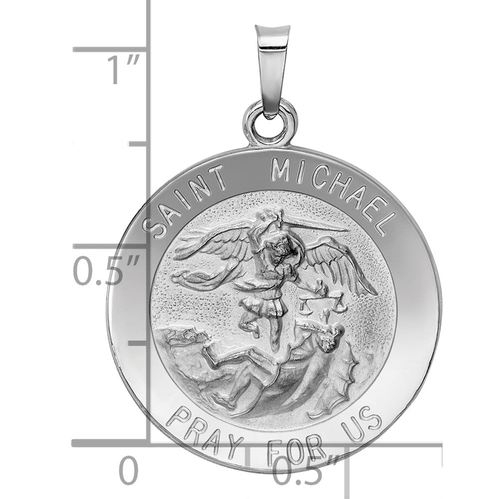 14k White Gold Polished and Satin Solid St. Michael Medal Round Pendant