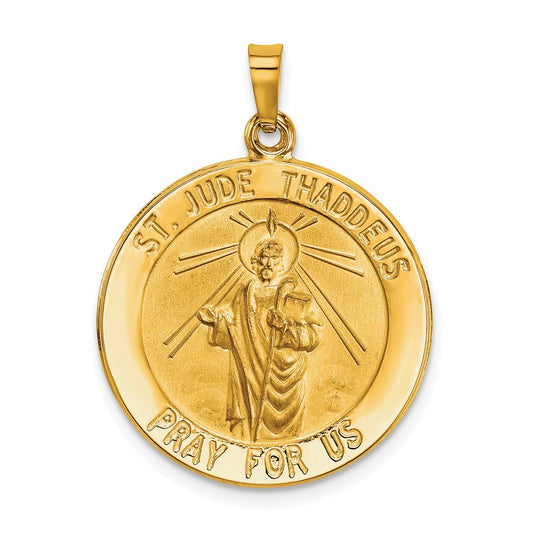14k Polished and Satin Hollow Saint Jude Thaddeus Medal Round Pendant