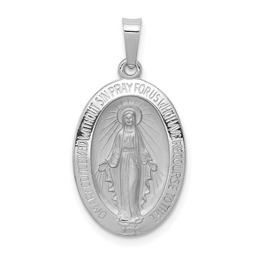 14k White Gold Polished and Satin Solid Miraculous Medal Oval Pendant