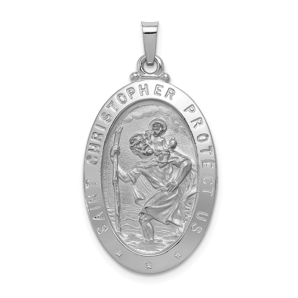 14k White Gold Polished and Satin Solid Saint Christopher Medal Oval Pendant