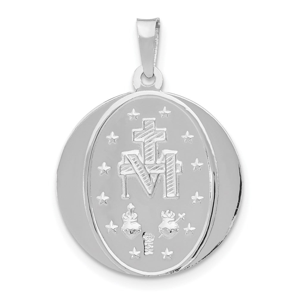 14k White Gold Polished and Satin Solid Miraculous Medal Round Pendant