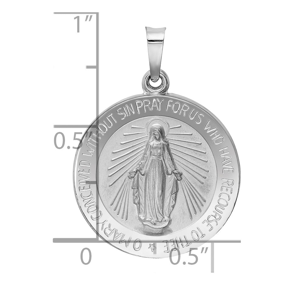 14k White Gold Polished and Satin Solid Miraculous Medal Round Pendant