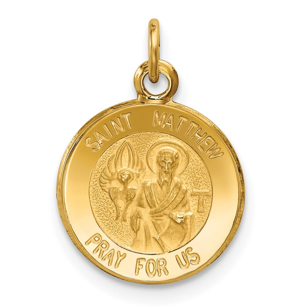 14k Polished and Satin Solid Saint Matthew Medal Round Charm