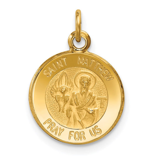 14k Polished and Satin Solid Saint Matthew Medal Round Charm