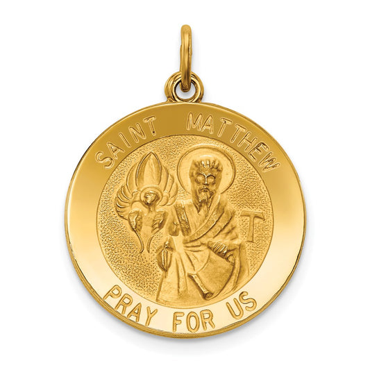 14k Polished and Satin Solid Saint Matthew Medal Round Pendant