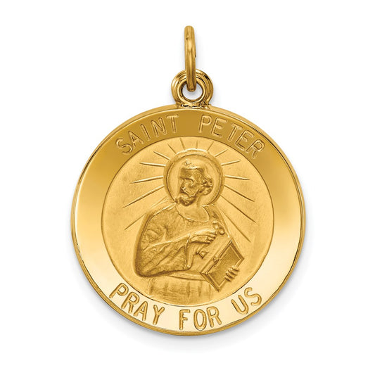 14k Polished and Satin Solid Saint Peter Medal Round Pendant