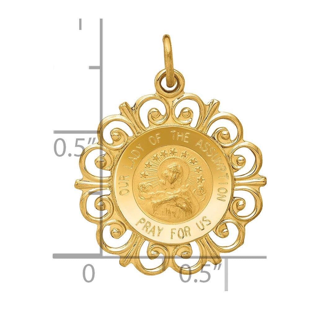 14k Polished and Satin Solid Our Lady Of The Assumption Medal Scalloped Edge Round Pendant