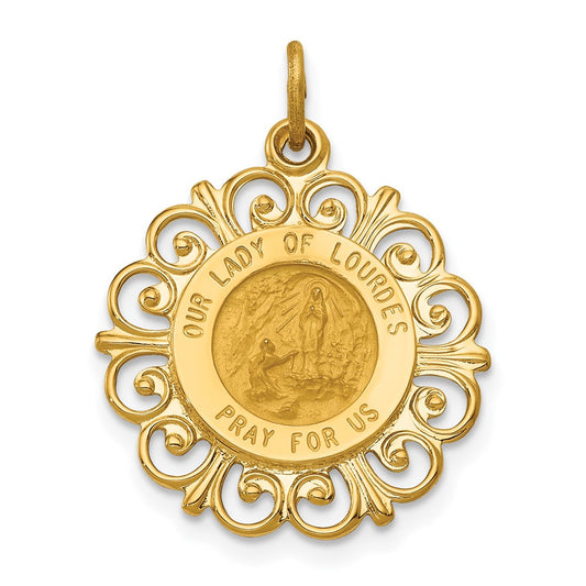 14k Polished and Satin Solid Our Lady of Lourdes Medal Scalloped Edge Round Pendant