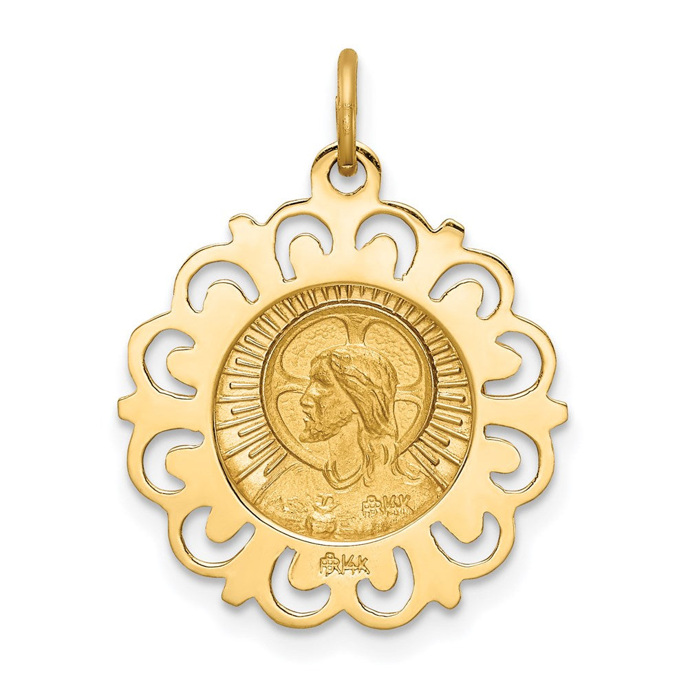 14k Polished and Satin Solid Matka Boska Czestochowska Medal Reversible Scalloped Edge Round Pendant