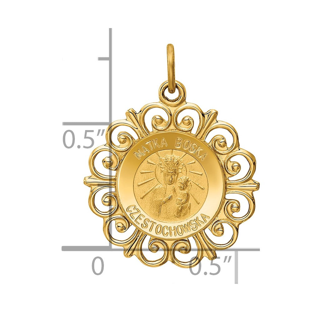 14k Polished and Satin Solid Matka Boska Czestochowska Medal Reversible Scalloped Edge Round Pendant
