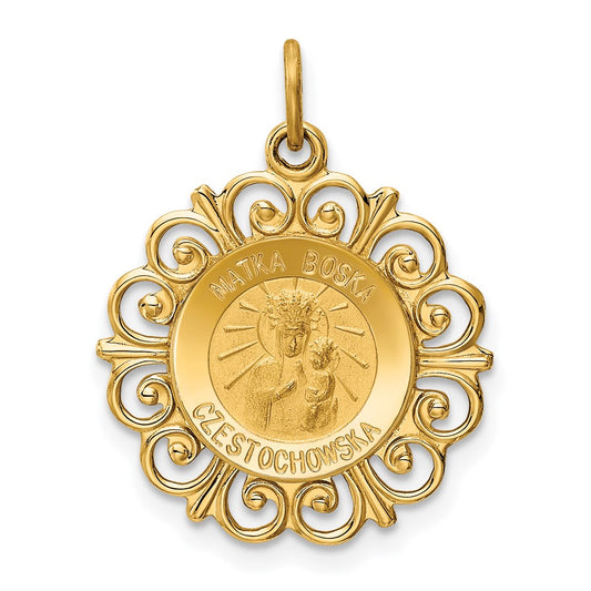 14k Polished and Satin Solid Matka Boska Czestochowska Medal Reversible Scalloped Edge Round Pendant