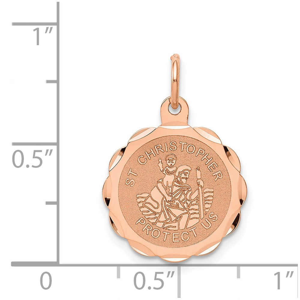 14k Rose Gold Satin and Polished Saint Christopher Medal Scalloped Edge Round Charm