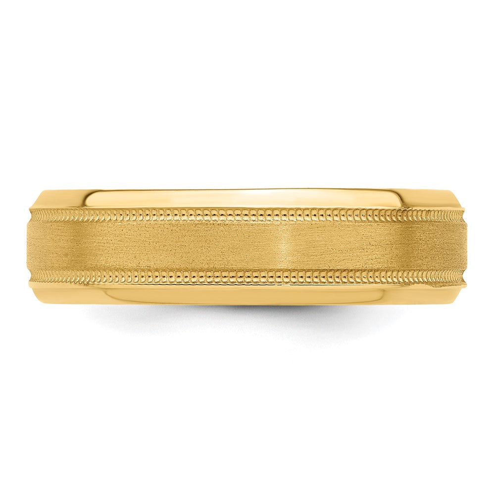 14k Yellow Gold 6mm Standard Weight Comfort Fit Brushed Satin/Polished Milgrain Grooved Edge Wedding Band
