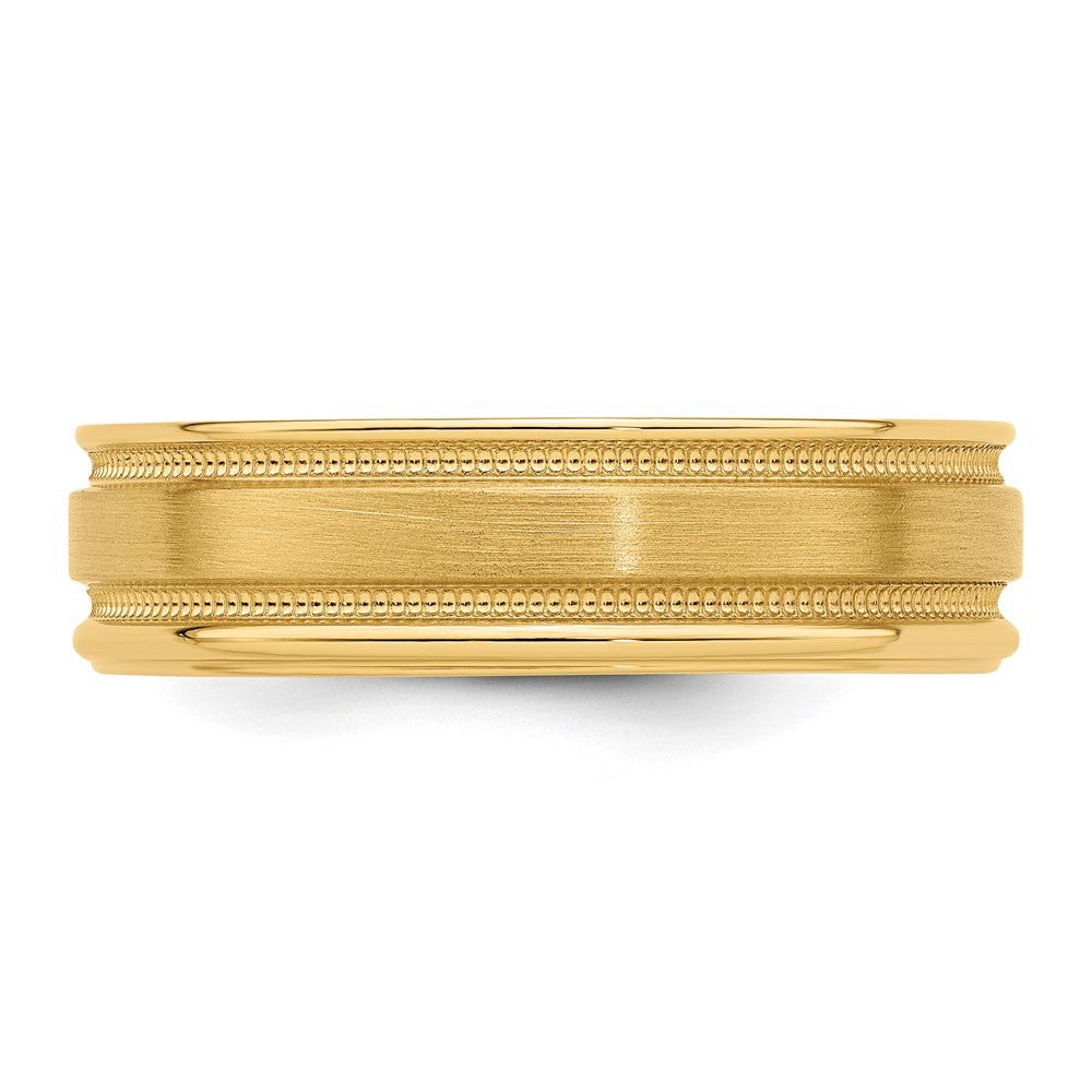 14k Yellow Gold 6mm Standard Weight Comfort Fit Brushed Satin/Polished Milgrain Grooved Edge Wedding Band