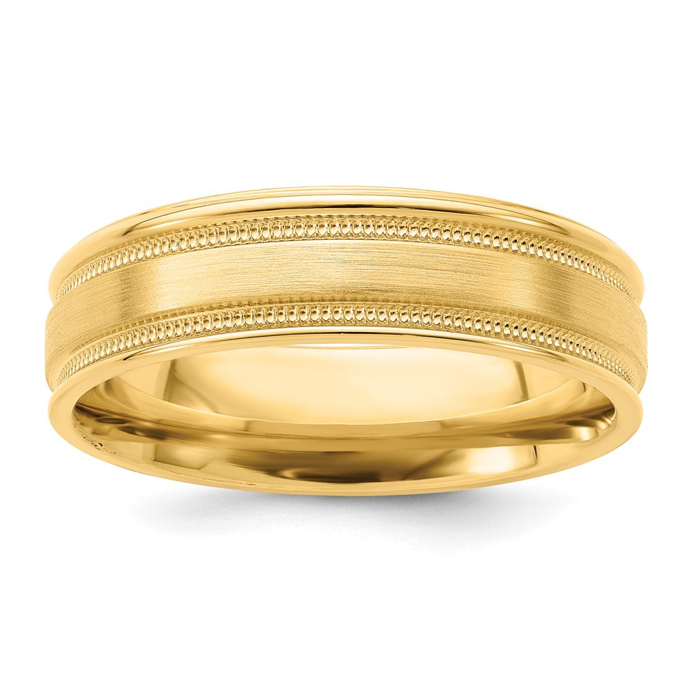 14k Yellow Gold 6mm Standard Weight Comfort Fit Brushed Satin/Polished Milgrain Grooved Edge Wedding Band