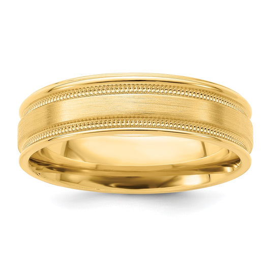 14k Yellow Gold 6mm Standard Weight Comfort Fit Brushed Satin/Polished Milgrain Grooved Edge Wedding Band